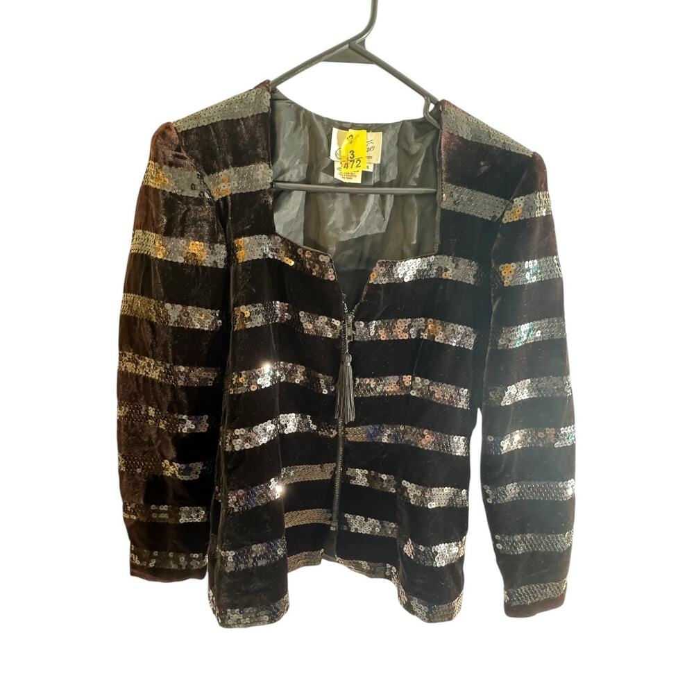 Vintage Velvet Sequin Striped Square Neck Elegant Tassle Zipper Cropped Jacket